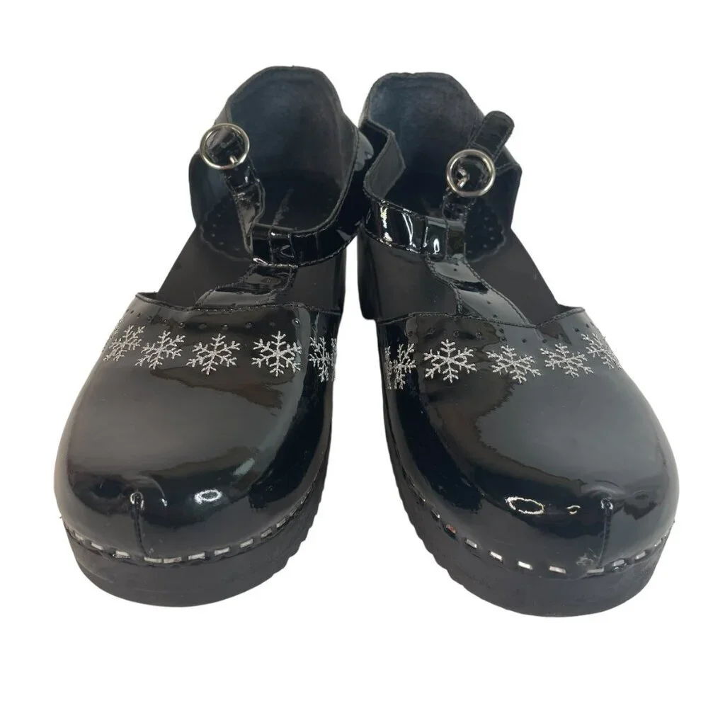 Hanna Andersson Black Mary Janes Shoes Chunky Heel Size 40 Cosplay Snowflakes - Picture 3 of 9